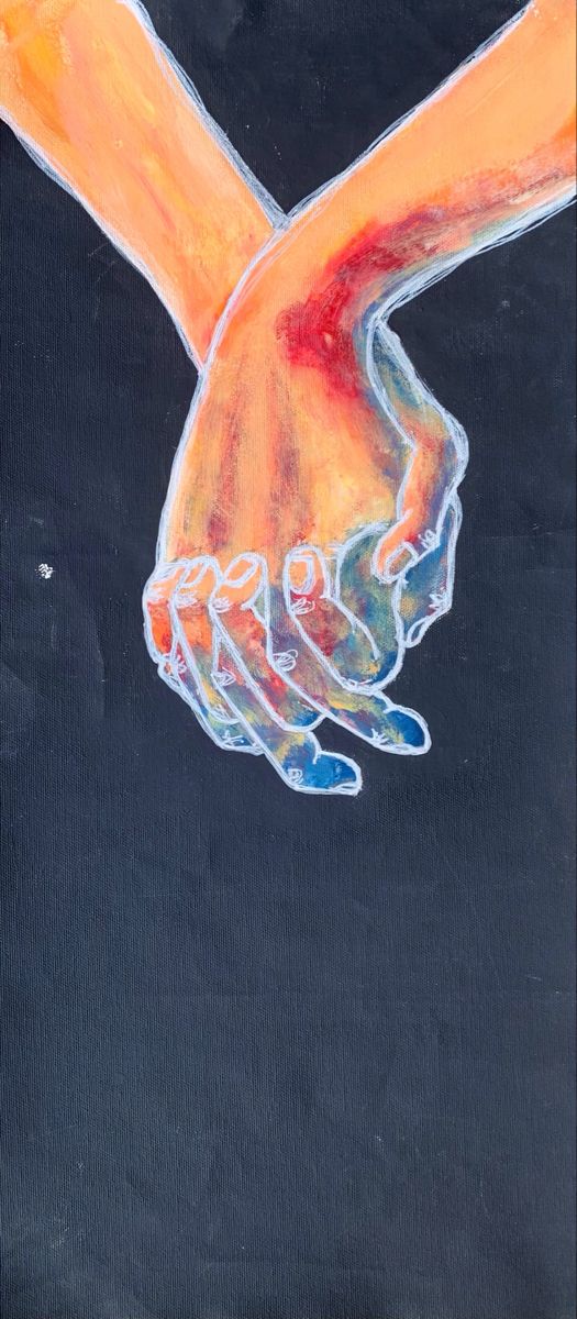 a painting of two hands holding each other on a black background with orange and blue colors