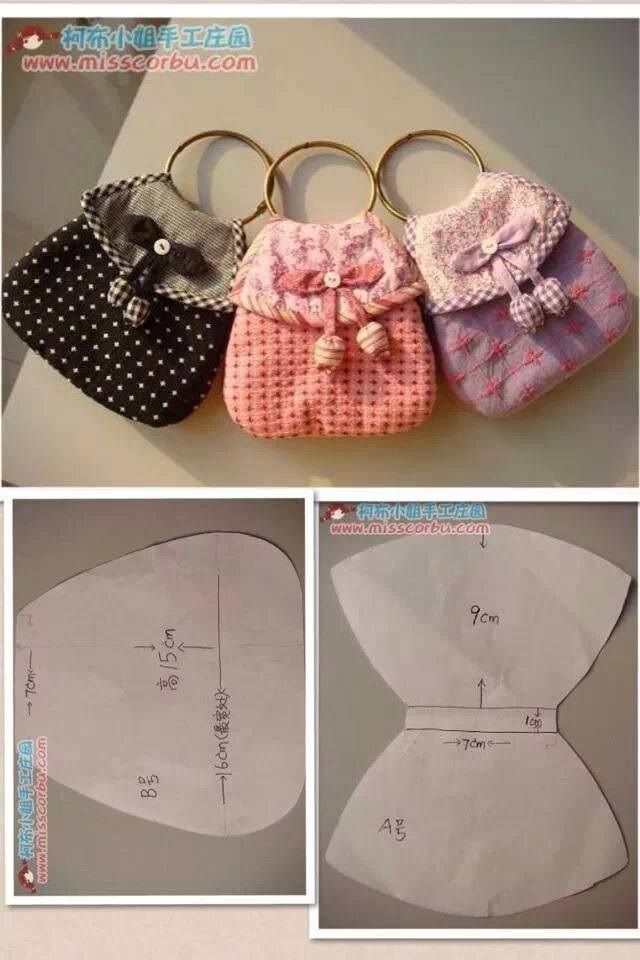 four different pictures of purses made out of fabric and paper, with instructions to make them