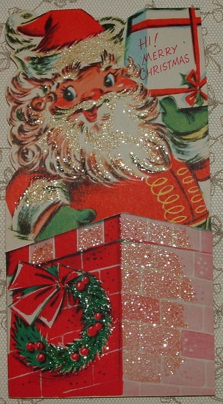 an old fashioned christmas card with santa clause on it's chest and presents in the corner