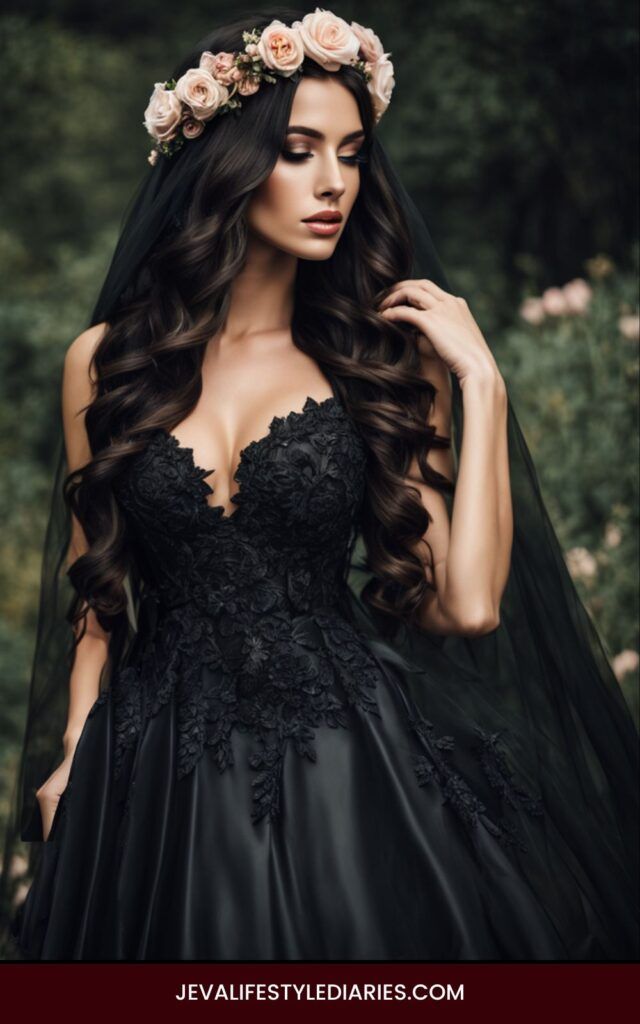 a woman wearing a black wedding dress with flowers in her hair and veil over her head