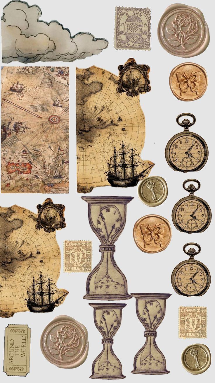 an old world map with various clocks and other items on it's sides, including two