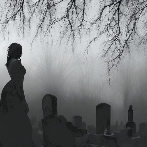 a woman standing in front of a cemetery on a foggy day with her back to the camera