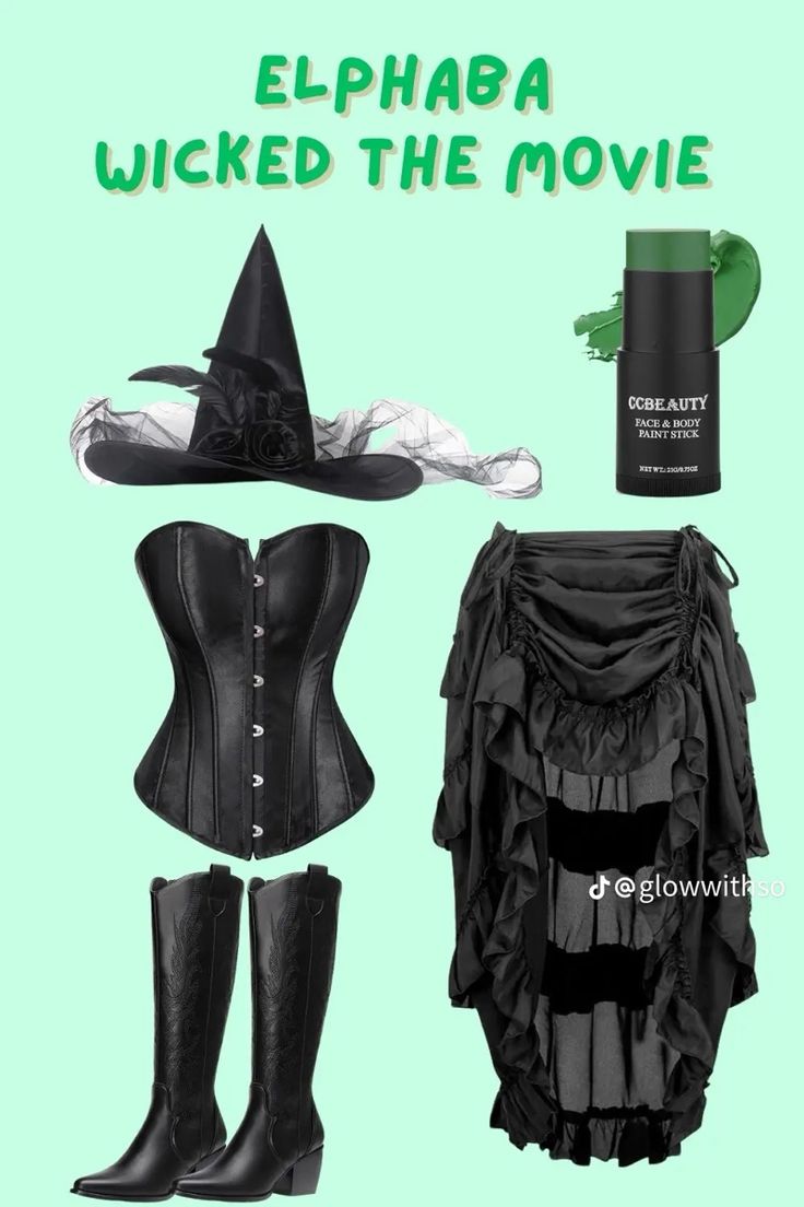 the costume is black and has green lettering that says, elphaba kicked the movie