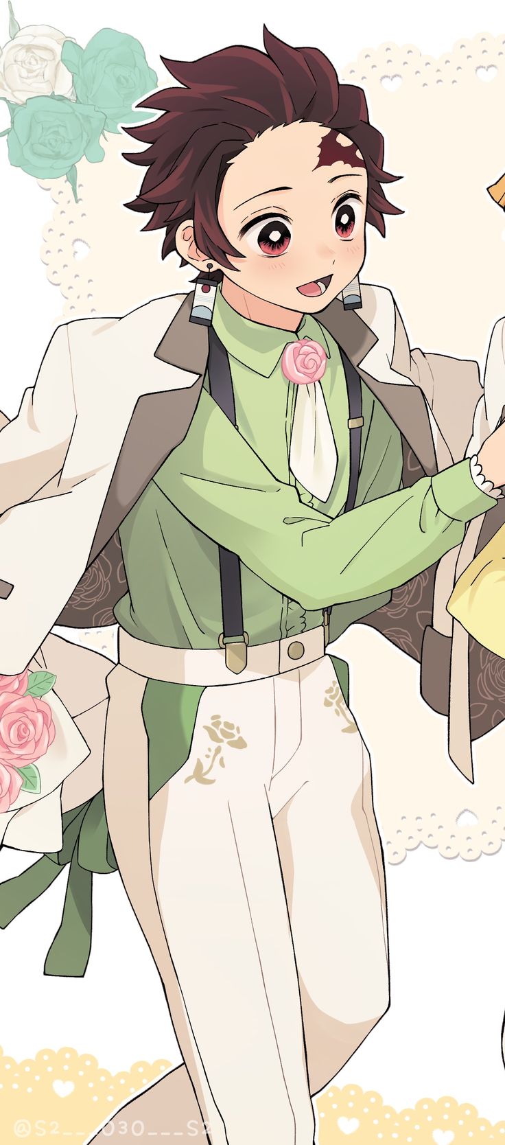 an anime character with brown hair wearing a green shirt and white pants