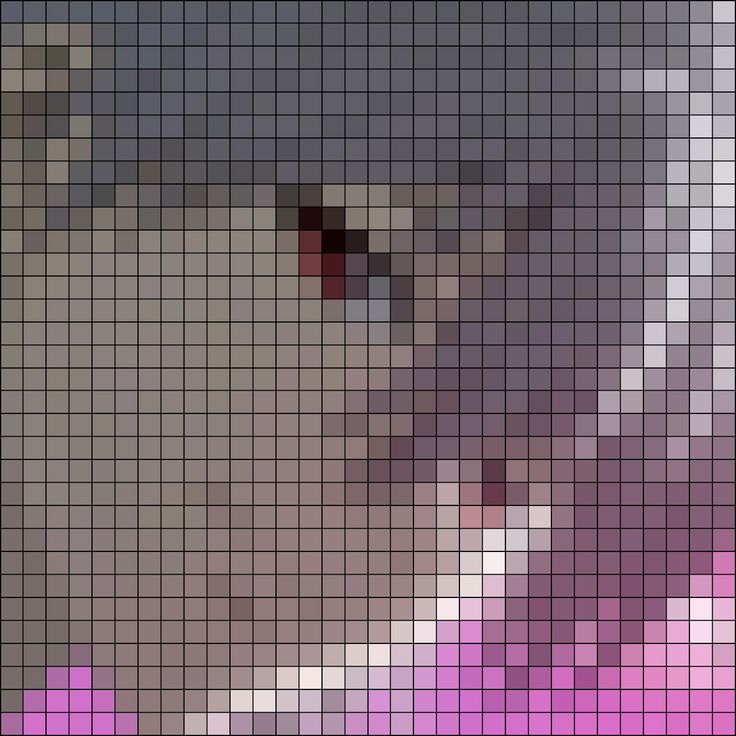 a pixellated image of a woman's face in pink and grey tones with red eyes