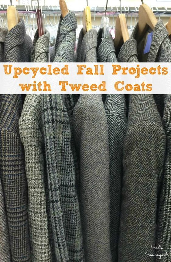 several coats hanging on clothes racks with text overlay that reads upcycled fall projects with tweed coats