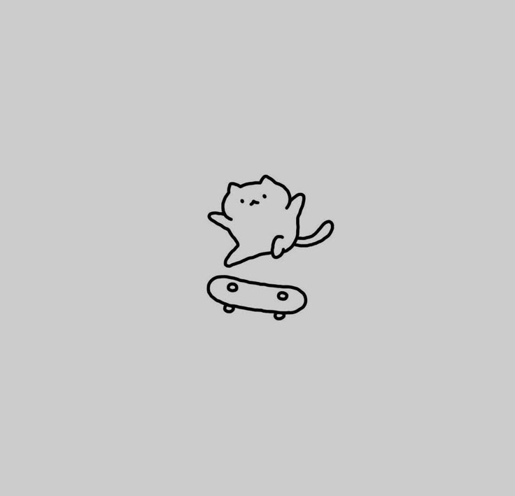 a black and white drawing of a cat riding a skateboard on a gray background