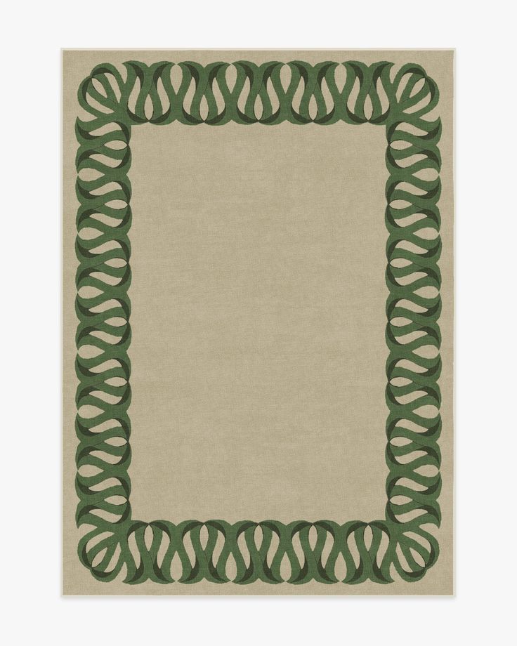 a square rug with an intricate border in green and beige colors on a white background