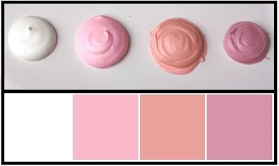 four different shades of pink and white