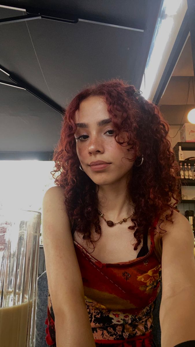 Copper Dyed Curly Hair, Orange Highlights Curly Hair, Red Hair Color On Curly Hair, Red Dye Curly Hair, Good Hair Dye Ideas, Red Curly Hair Styles, Permed Red Hair, Deep Red Hair Curly, Curly Maroon Hair