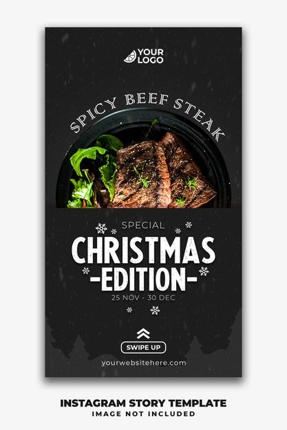 a christmas flyer template with steaks and vegetables on the front, and an instagramtion