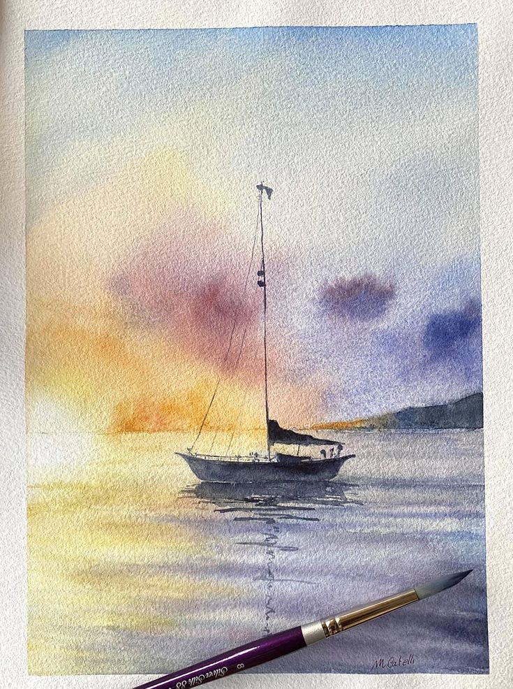 a watercolor painting of a sailboat on the ocean at sunset with clouds in the sky