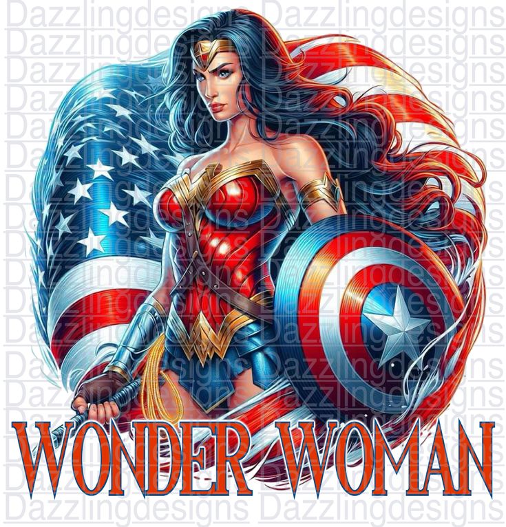 wonder woman with an american flag on her chest and the words wonder woman written in large letters