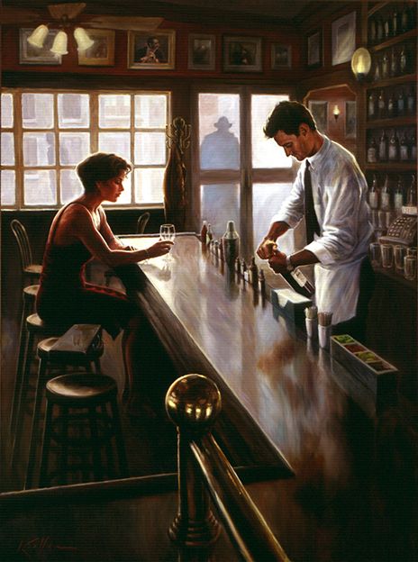 a painting of two people sitting at a bar in front of a man and woman