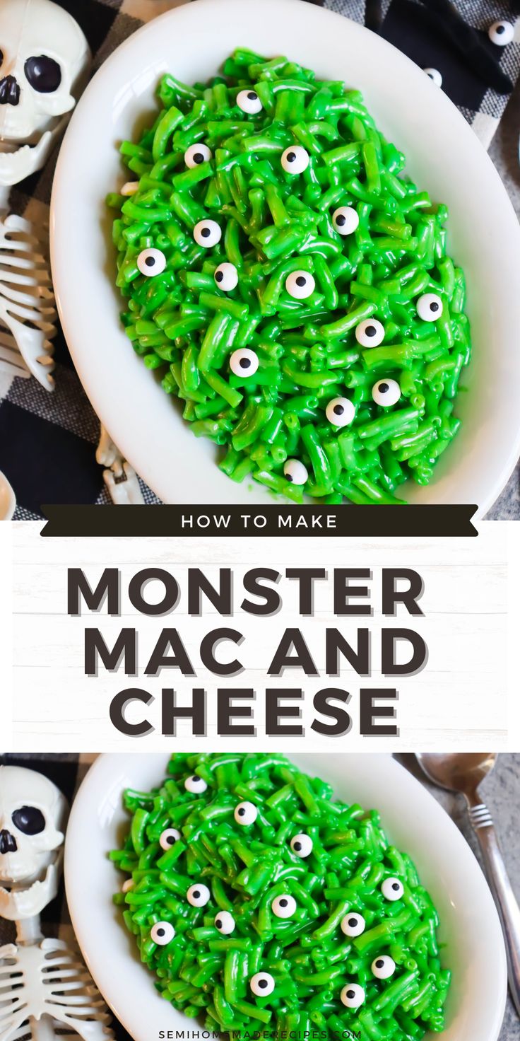 green macaroni and cheese with eyes on it