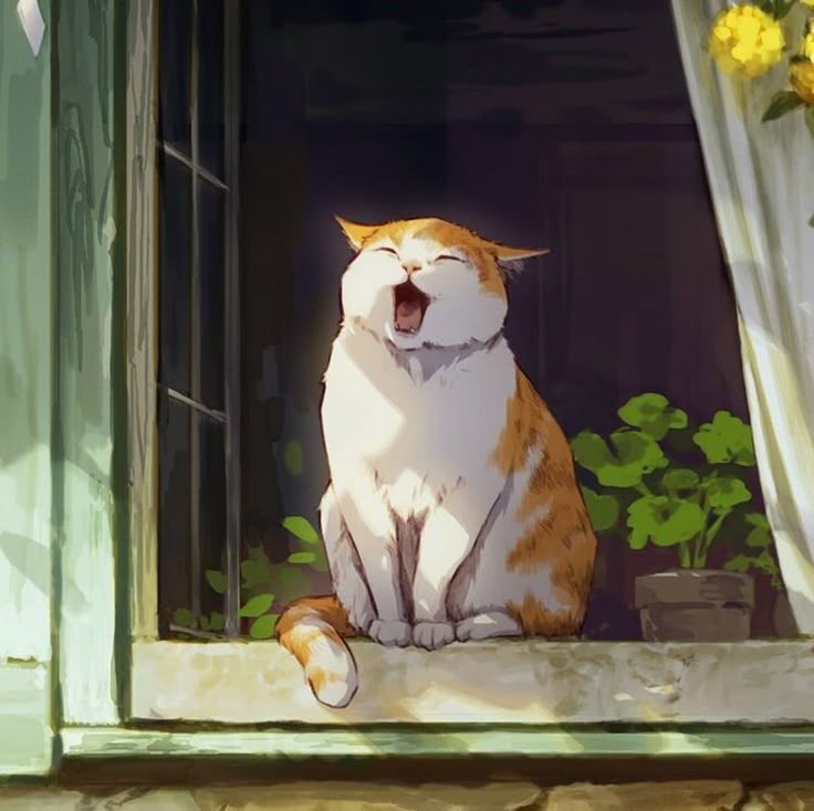 an orange and white cat yawns while sitting on a window sill with flowers in the background