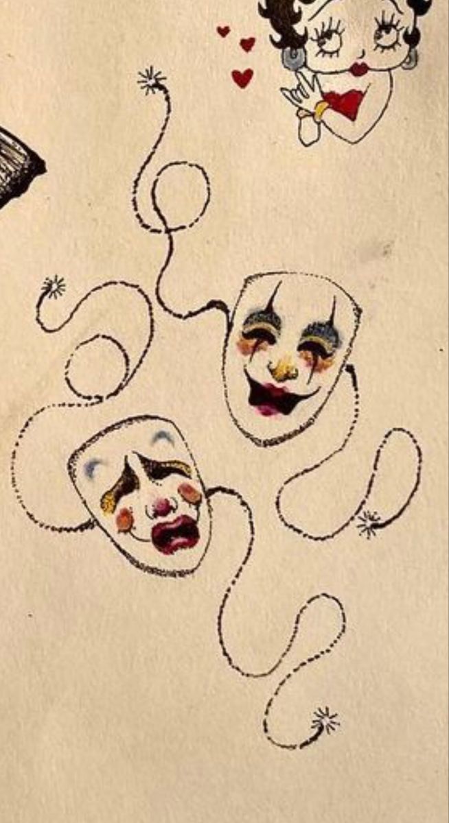 an old drawing with clown faces on it