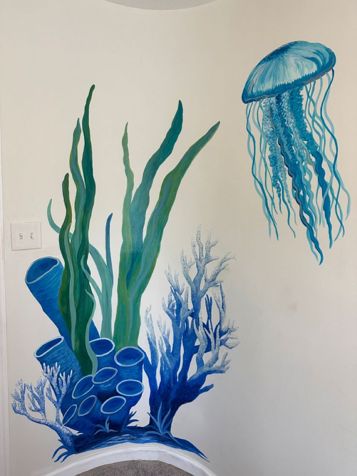 Underwater baby nursery mural, ocean mural, nursery mural Ocean Painted Wall, Murales Aesthetic, Ocean Wall Mural Painting Diy, Ocean Wall Mural Painting, Under The Sea Mural, Water Themed Murals, Underwater Mural, Underwater Wall Painting Ideas, Undersea Mural