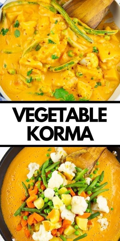 two pictures with different types of food in them and the words vegetable korma on top