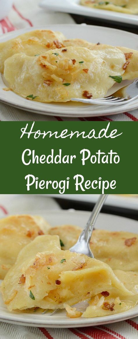 homemade cheddar potato pierggi recipe on two white plates with green lettering