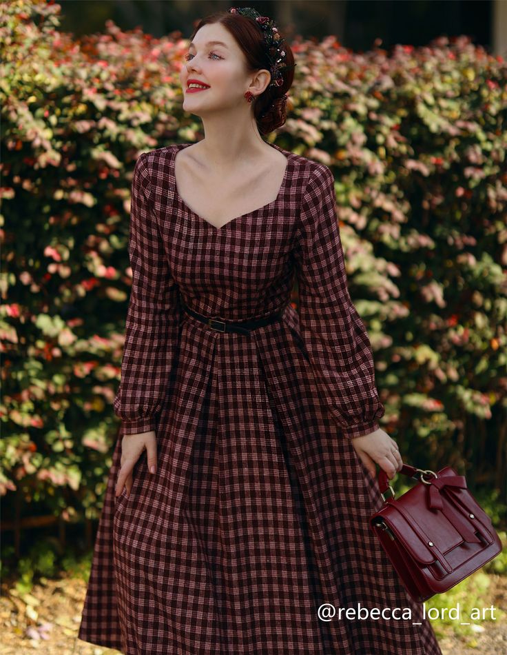 Thanks for @rebecca_lord_art wear Xiaolizi's plaid wool dress.The dress is made of soft wool fabric and features a classic plaid pattern. Tt exudes a cozy and timeless vibe.  DETAIL * More Color: https://etsy.me/3CnFnGW * 30% wool, 30% fiber, 40% polyester * fully satiny lining, more nice to the touch body * Long bishop sleeves * Fit and flare dress * Pleated dress * Back zipper closure * Two side seam pockets * Ankle length dress * Vintage wool dress * Perfect for spring, autumn, winter * Lean More about the items From the FAQs on the page bottom * SIZE CHART https://www.etsy.com/listing/736810337 * Fabric Swatch https://www.etsy.com/listing/607129534 SIZE GUIDE Size vary between Brand and Country Please get your body measurement with our Size Guide And Find your size in our Size Chart In Long Sleeve Autumn Dress, Plaid Wool Dress, Wool Flannel Dress, A Line Winter Dress, Vintage Plaid Dress For Fall, Vintage Plaid Dress For Winter, Vintage Plaid Winter Dress, Retro Plaid Winter Dresses, Fitted Brown Plaid Dress For Fall