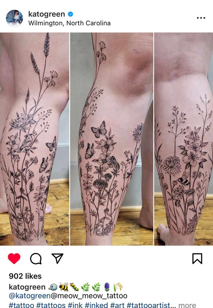 the legs are covered with tattoos and flowers