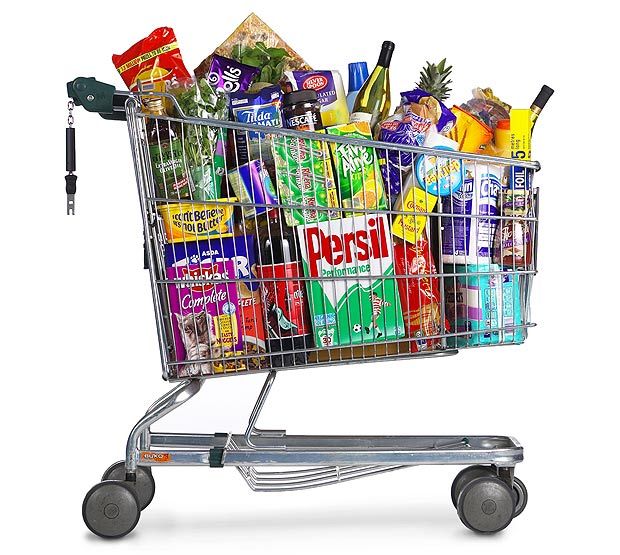 a shopping cart filled with lots of different types of snacks and drinks in it's basket