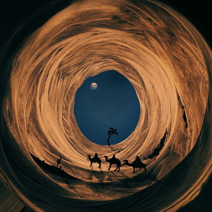 an image of people riding camels through a tunnel