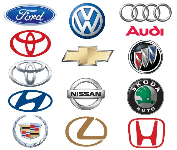 many different car logos on a white background