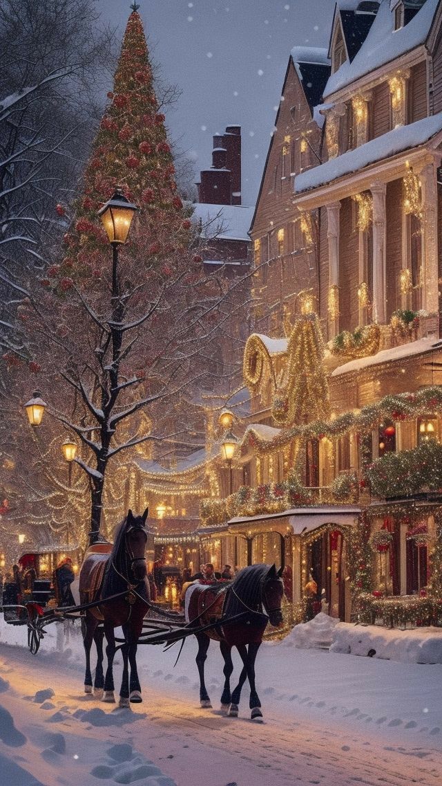 two horses are pulling a sleigh through the snow in front of christmas lights