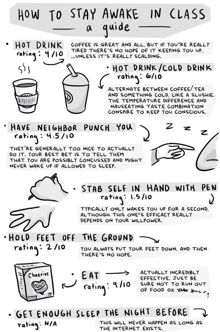 a poster with instructions on how to stay awake in class, including drinks and food