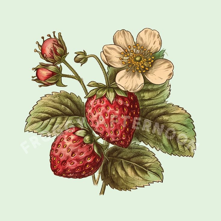 a drawing of strawberries and flowers on a green background