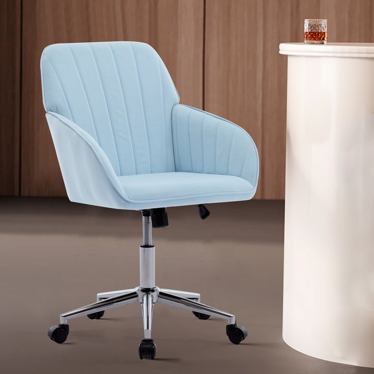 Wide Backrest And Cushion: the wide backrest and cushion design of the office chair provides plenty of space for your body to feel comfortable and relaxed. Blue Desk Chair, Upholstered Office Chair, Velvet Office Chair, Blue Desk, Swivel Office Chair, Soft Beige, Ergonomic Office, Ergonomic Office Chair, Office Chairs