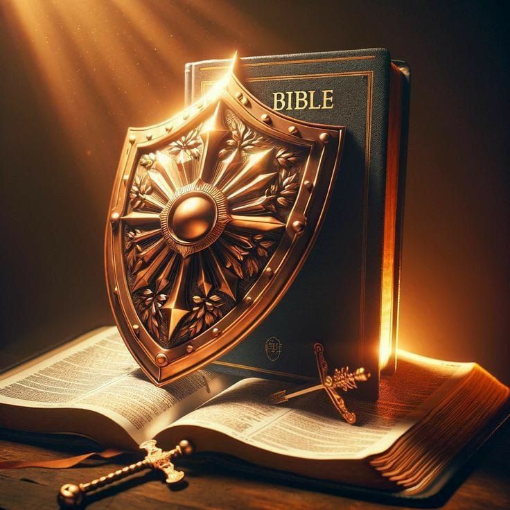 an open bible with a golden shield and cross on the table next to it is shining light