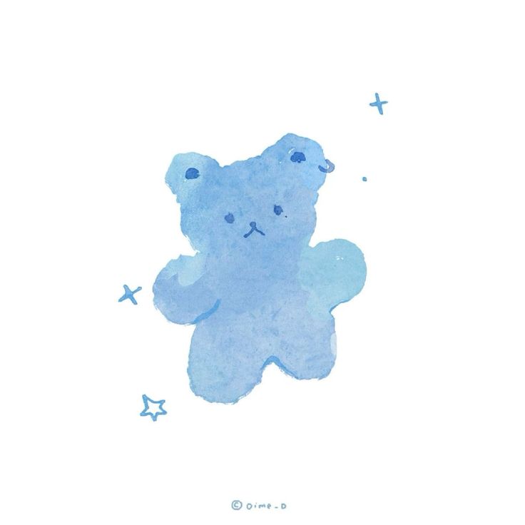 a watercolor drawing of a blue teddy bear with stars on it's chest