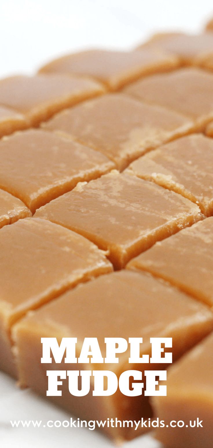 some kind of food that is on a white surface with the words maple fudge