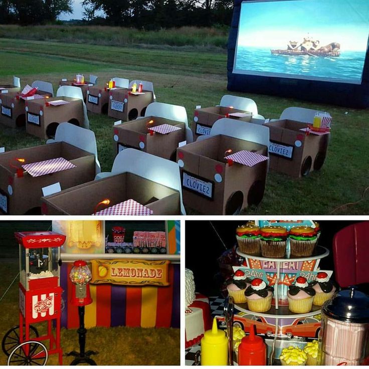 an outdoor movie party with cupcakes, soda machines and other items on display