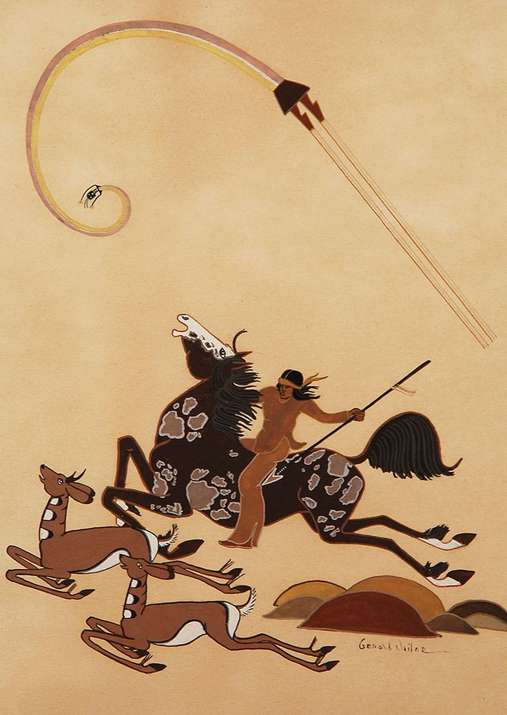 an artistic painting with animals and a man flying a kite