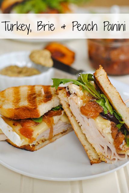 a turkey, brie and peach panini sandwich on a plate