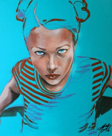 a painting of a woman with blue eyes wearing a striped shirt and headbands