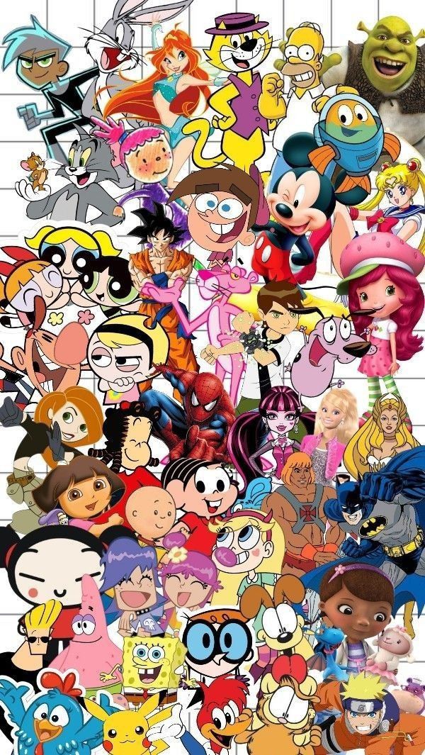 many cartoon characters are grouped together in this collage, with the same character on each side