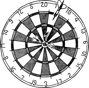 a drawing of a dart hitting in the bulls eye, vintage line drawing or engraving illustration