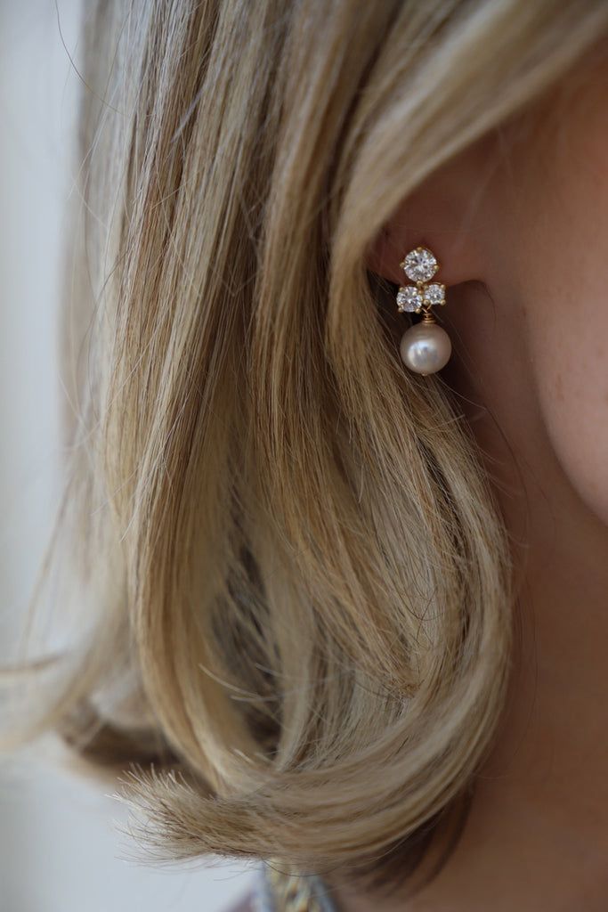 DAHLIA STUD EARRINGS Jewelry For The Bride, Dainty Gold Pearl Earrings, Hair Down Wedding Earrings, Maid Of Honor Earrings, Simple Bridesmaid Earrings, Bridal Earings Idea, Wedding Stud Earrings, Elegant Sparkling Cubic Zirconia Cluster Earrings, Gold Cubic Zirconia Pearl Earrings For Party