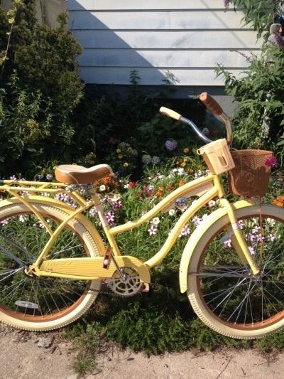 a yellow bicycle parked in front of some flowers