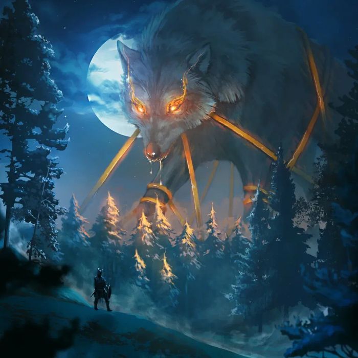 a wolf with glowing eyes is in the middle of a forest, surrounded by trees