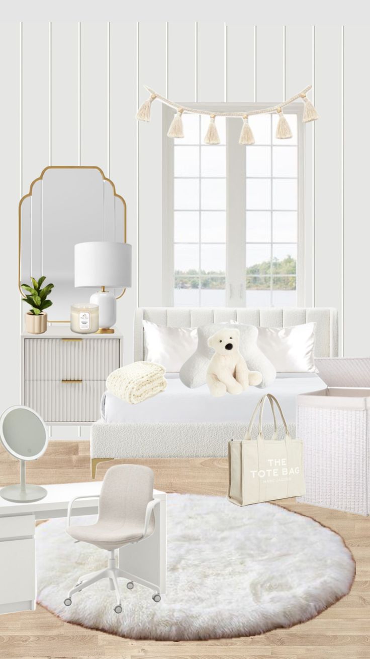 a bedroom with white furniture and accessories in it