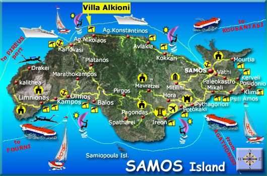 a large map of samos island with many boats in the water and on top of it