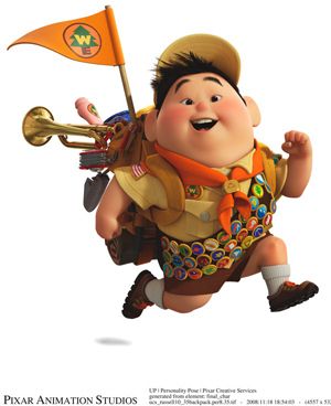 a cartoon character is flying with a flag and a trumpet in his hand as if he's playing the trombone