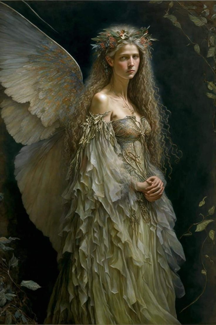 a painting of a woman with long hair and wings