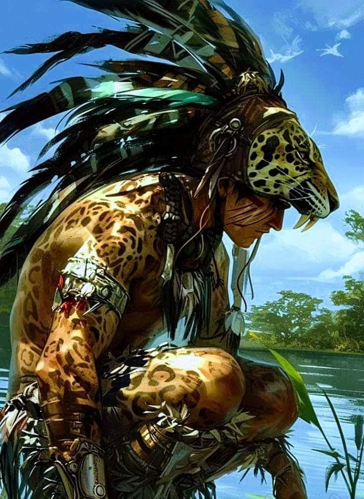 an artistic painting of a man with feathers on his head and leopard skin, crouching in front of water